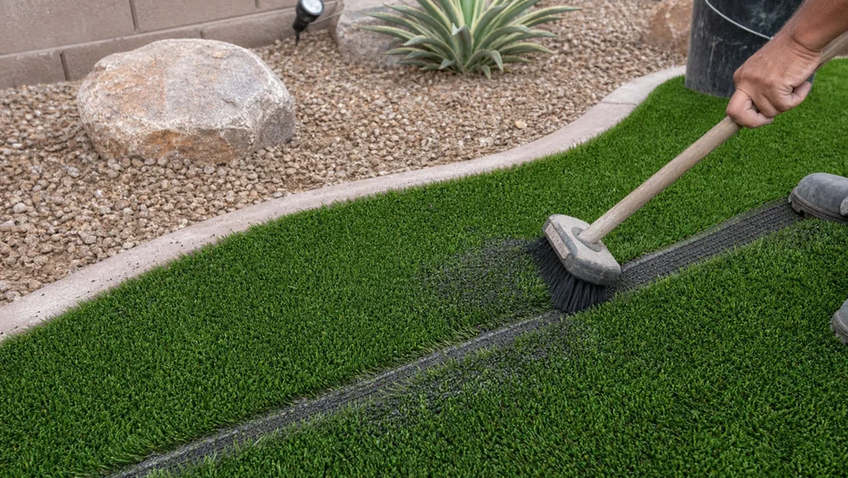 Seam and infill detail on a completed artificial turf installation